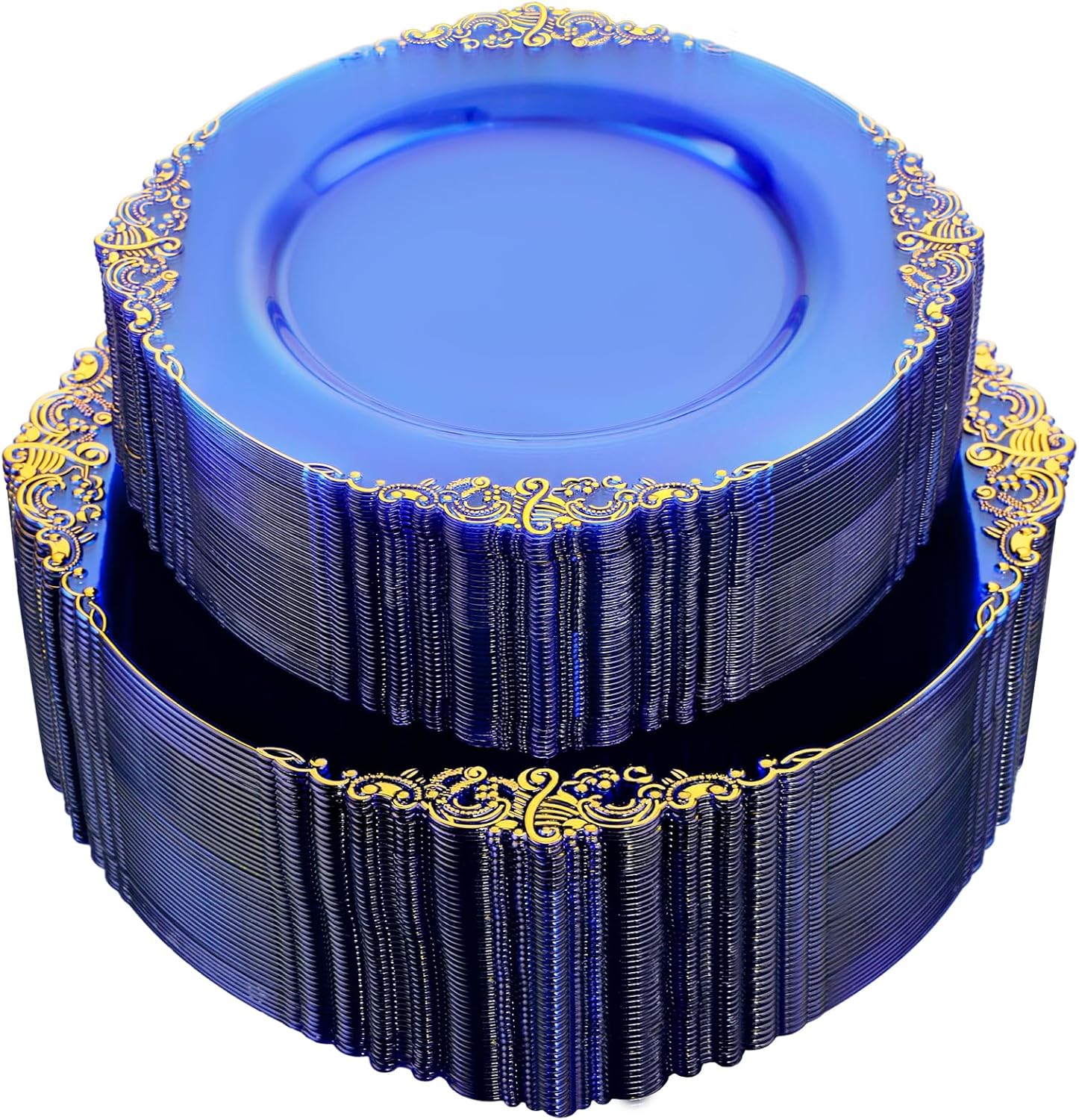 102PCS Elegant Blue Plastic Plates with Gold Rim for Parties