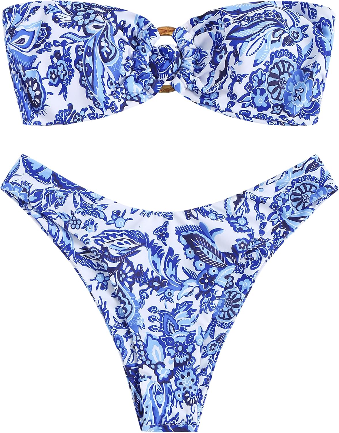 ZAFUL Women's Bandeau Bikini O Ring Strapless High Cut Swimsuit