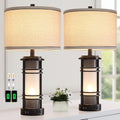 Set of 2 Modern Table Lamps for Living Room - Dual USB Bedside Lamps