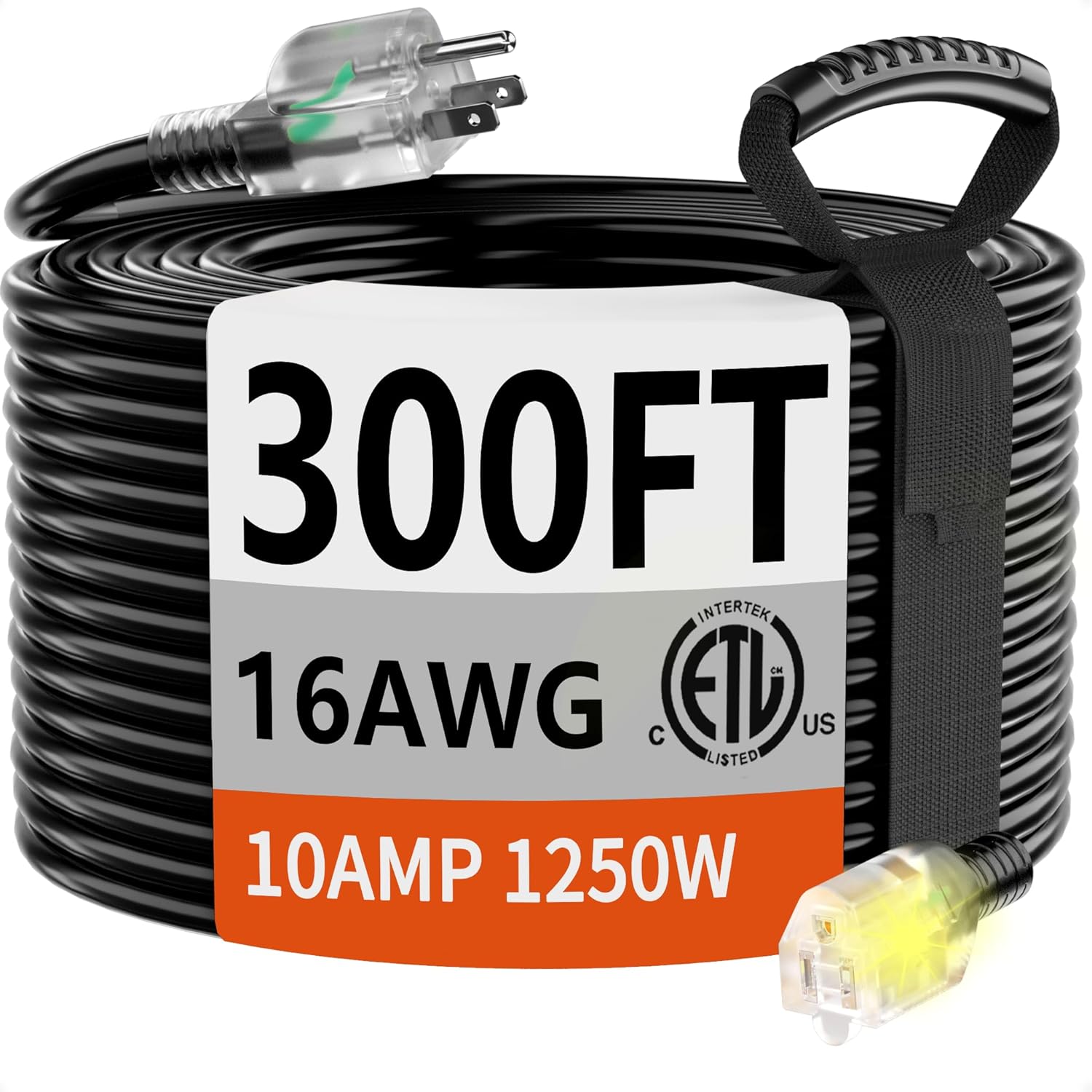 HUANCHAIN 300 FT 16 Gauge Black Extension Cord for All Uses