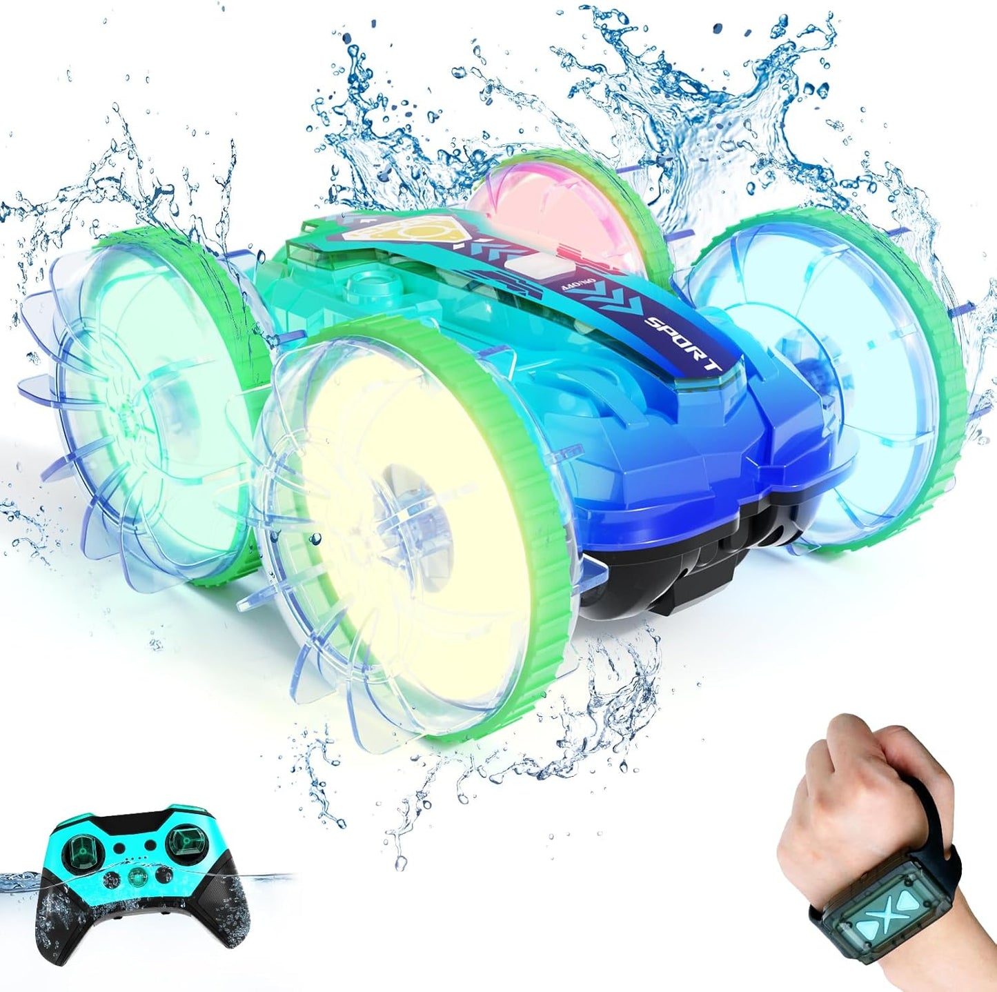 4WD Waterproof RC Stunt Car - LED Lights, 360 Rotation - Amphibious Fun!