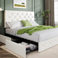 White Upholstered Full Platform Bed Frame with 4 Drawers - Storage