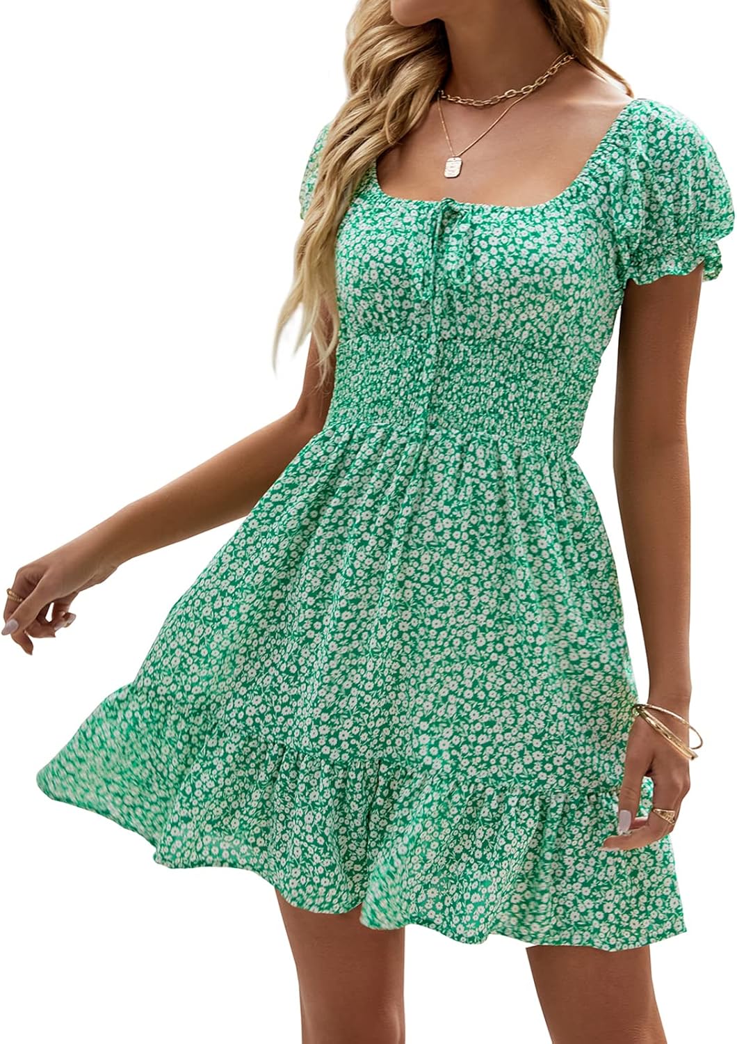 Boho Floral Smocked Square Neck Mini Dress for Summer Fun
