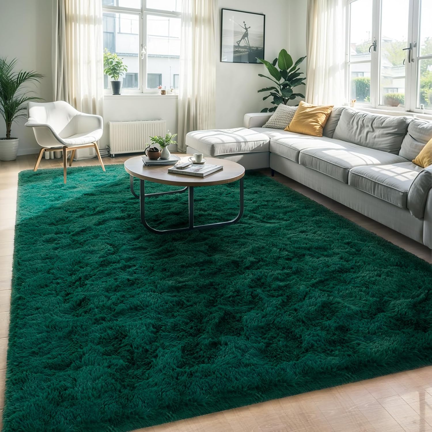 6x9 Fluffy Soft Dark Green Rugs for Living Room and Bedroom