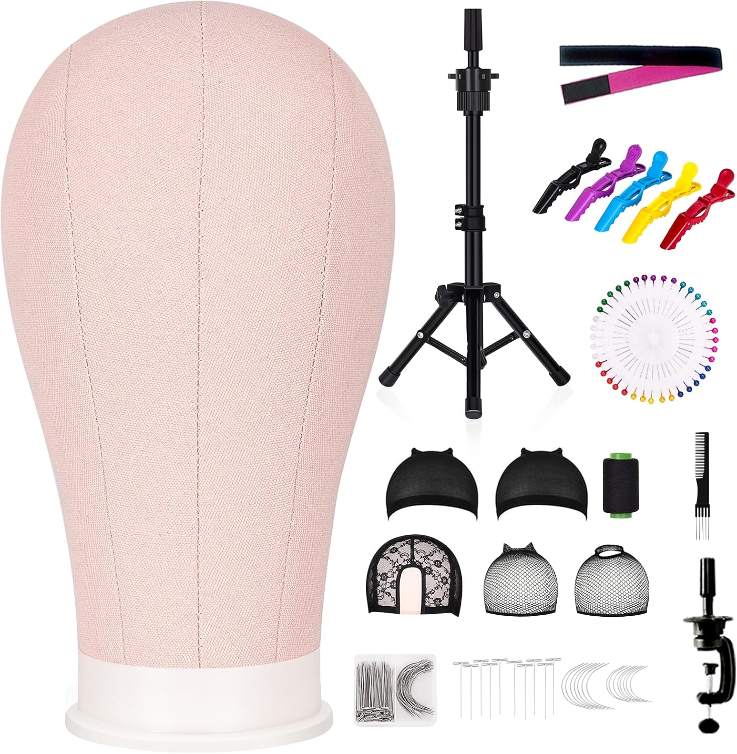 22 Inch Canvas Wig Head Mannequin with Tripod Stand Set