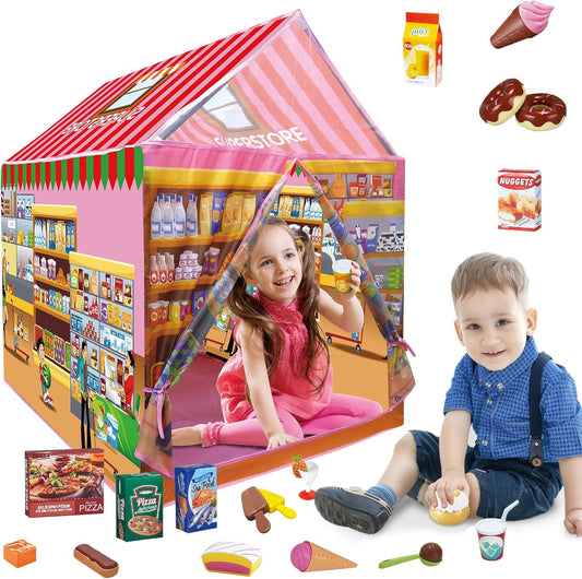 Supermarket Play Tent Set w/ 115 Pretend Food Toys for Kids 3-8