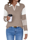 LOMON V Neck Long Sleeve Loose Sweater - Soft Color Block Knit