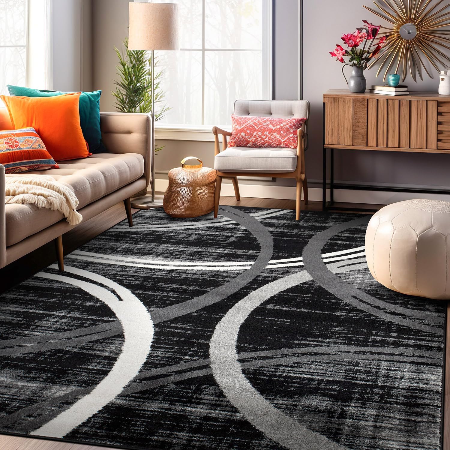 Modern Wavy Circles Design Area Rug for Living Room and Office