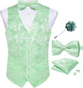 Mens Paisley Vest Tie Set with Lapel Pin Tie Clip - Mint Green Formal