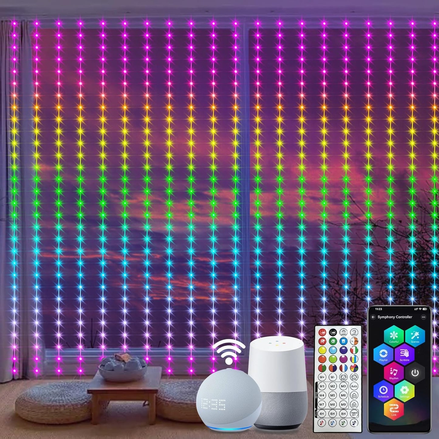 Alexa Compatible 600 LED RGB Curtain Lights - Music Sync, APP Control