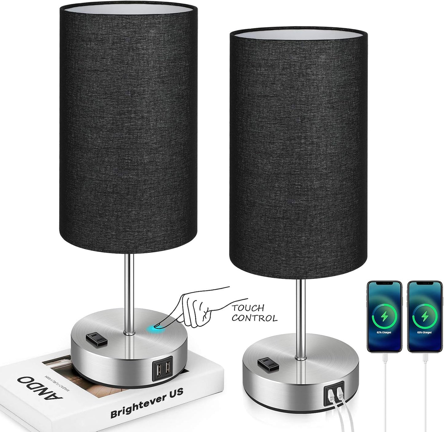 Black Touch Control Table Lamp Set with USB Ports and AC Outlet