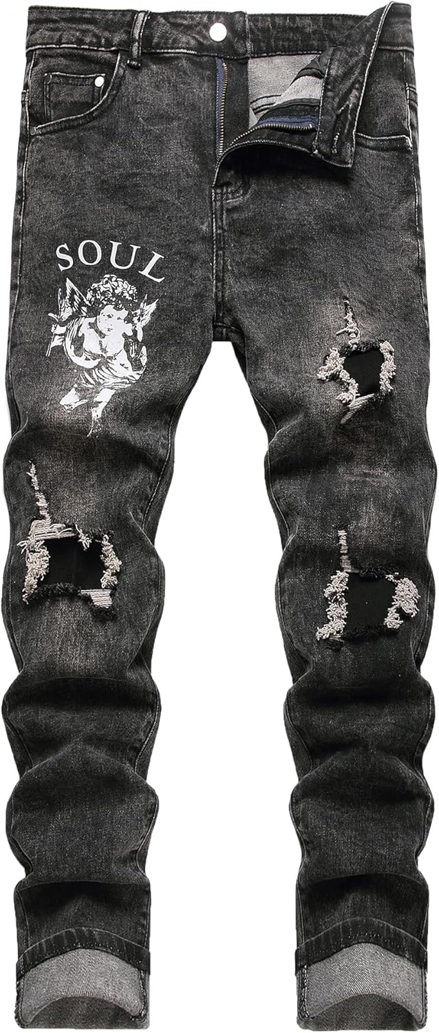 Baylvn Men's Designer Slim Fit Patchwork Jeans for Comfort