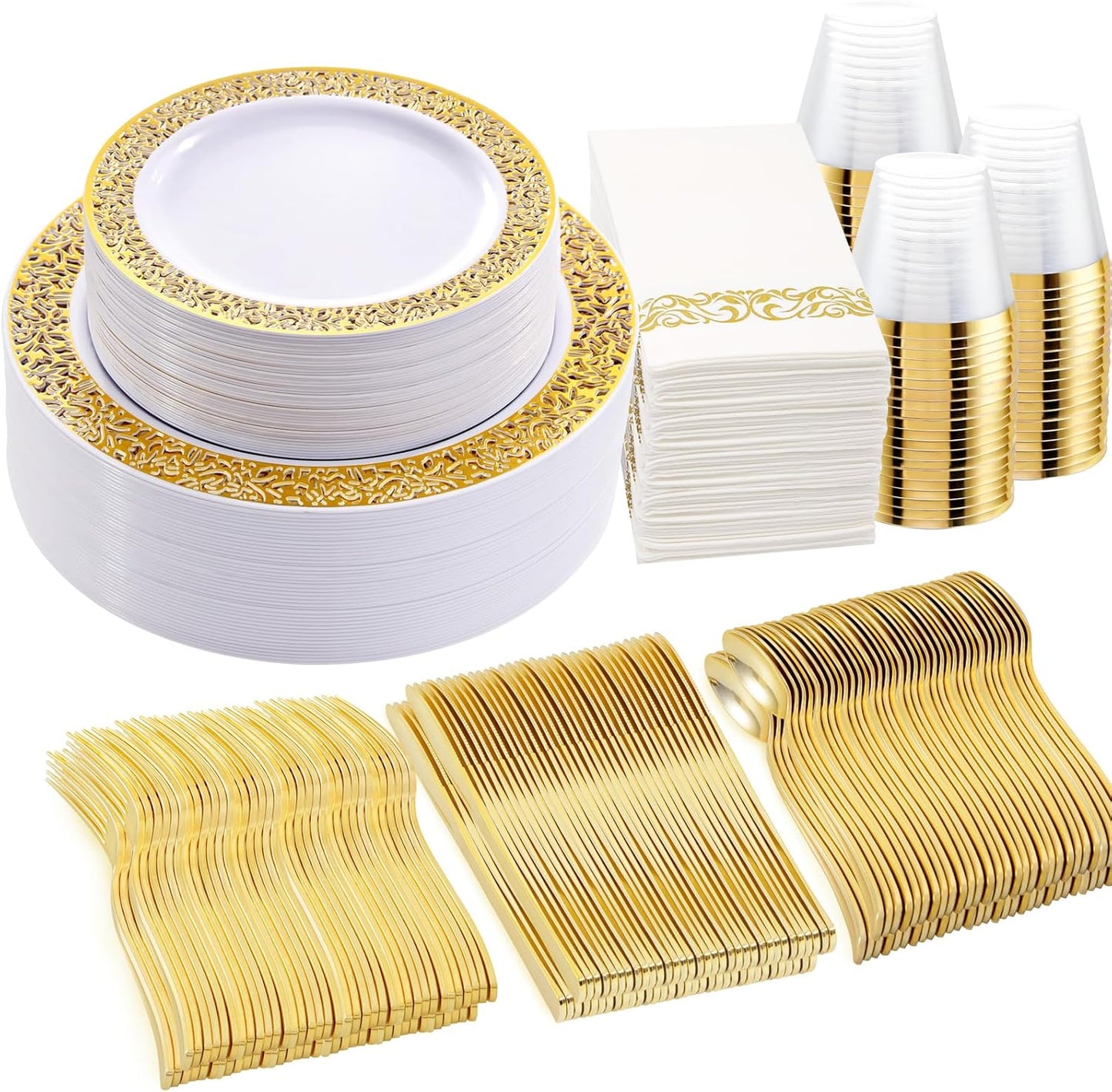 WELLIFE 350Pcs Gold Dinnerware Set for Elegant Party Supplies