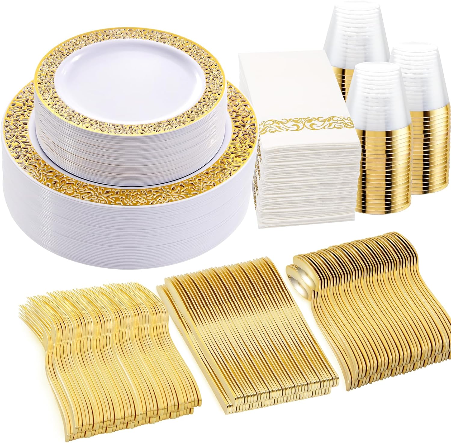 WELLIFE 350Pcs Gold Dinnerware Set for Elegant Party Supplies