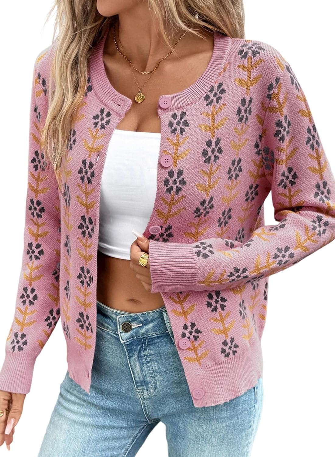 Stylish Button Down Cardigan Sweater for Women with Floral Print