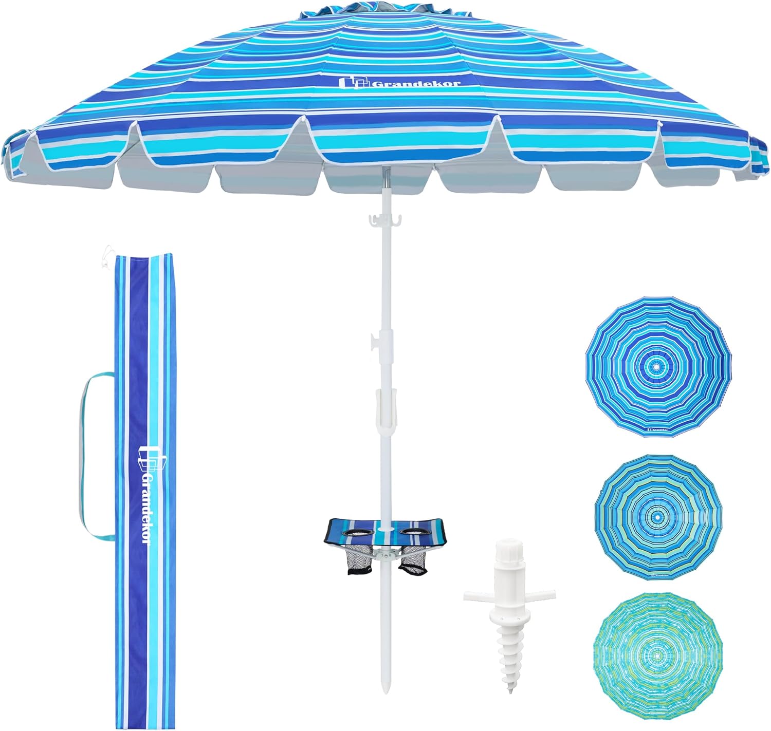 Grandekor 8FT Beach Umbrella with Table and Heavy Duty Design