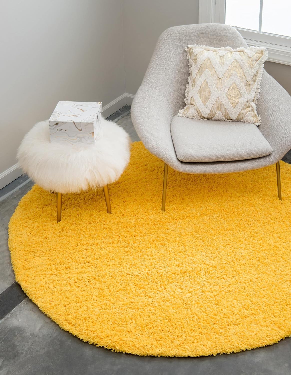 Uber Cozy Solid Shag Collection Rug 6 Ft Round Tuscan Sun Yellow