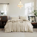 FOSSA Duvet Cover Set 100% Washed Cotton Linen Feel Queen - Cozy