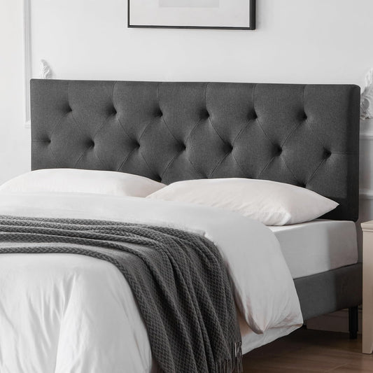 Linen Fabric Upholstered Headboard Queen Size with Diamond Tufting