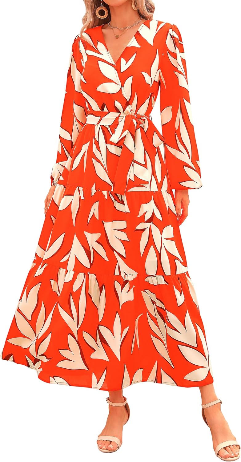 PRETTYGARDEN Womens Long Sleeve Wrap V Neck Floral Maxi Dress