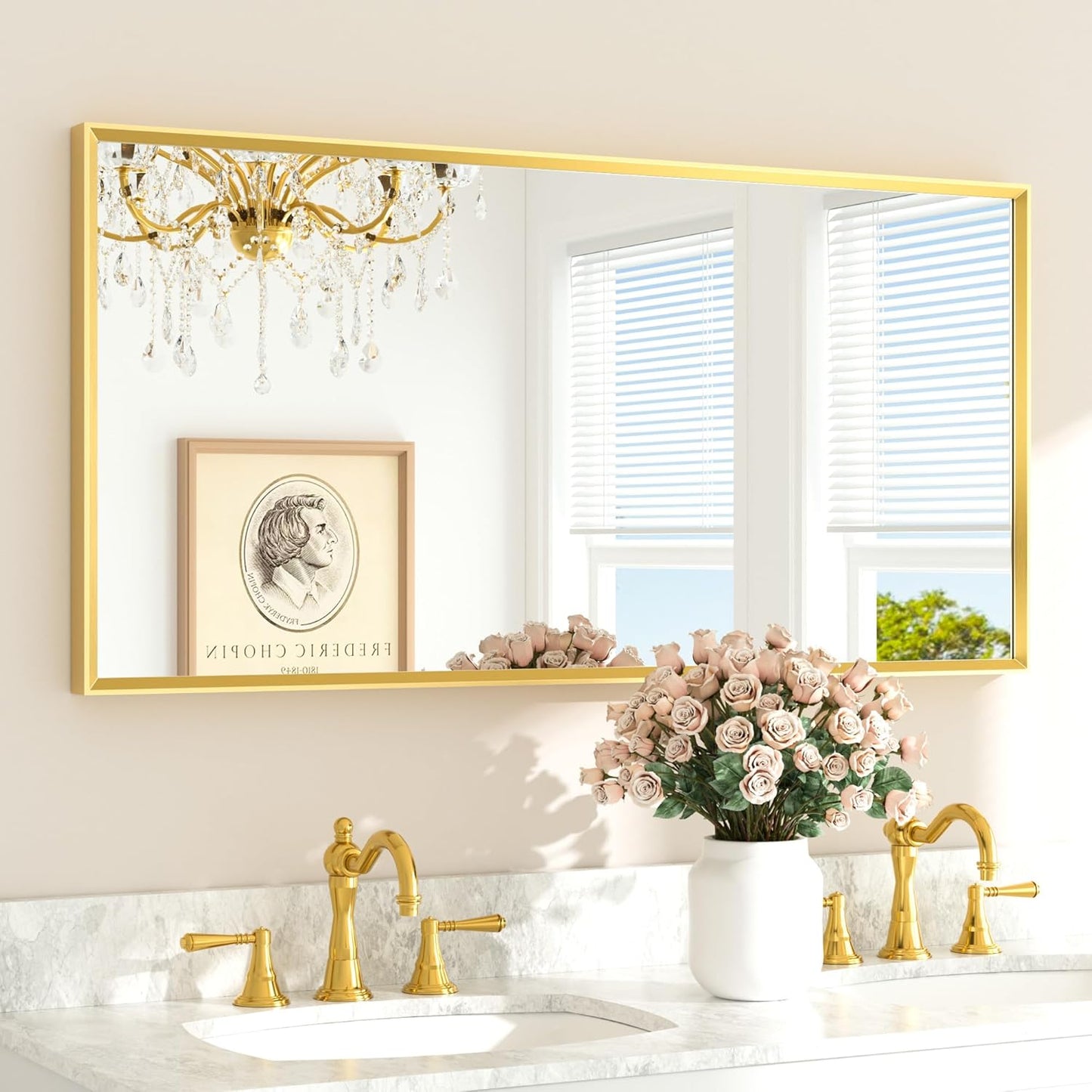 TETOTE Brushed Gold Frame Mirror for Elegant Bathroom Decor