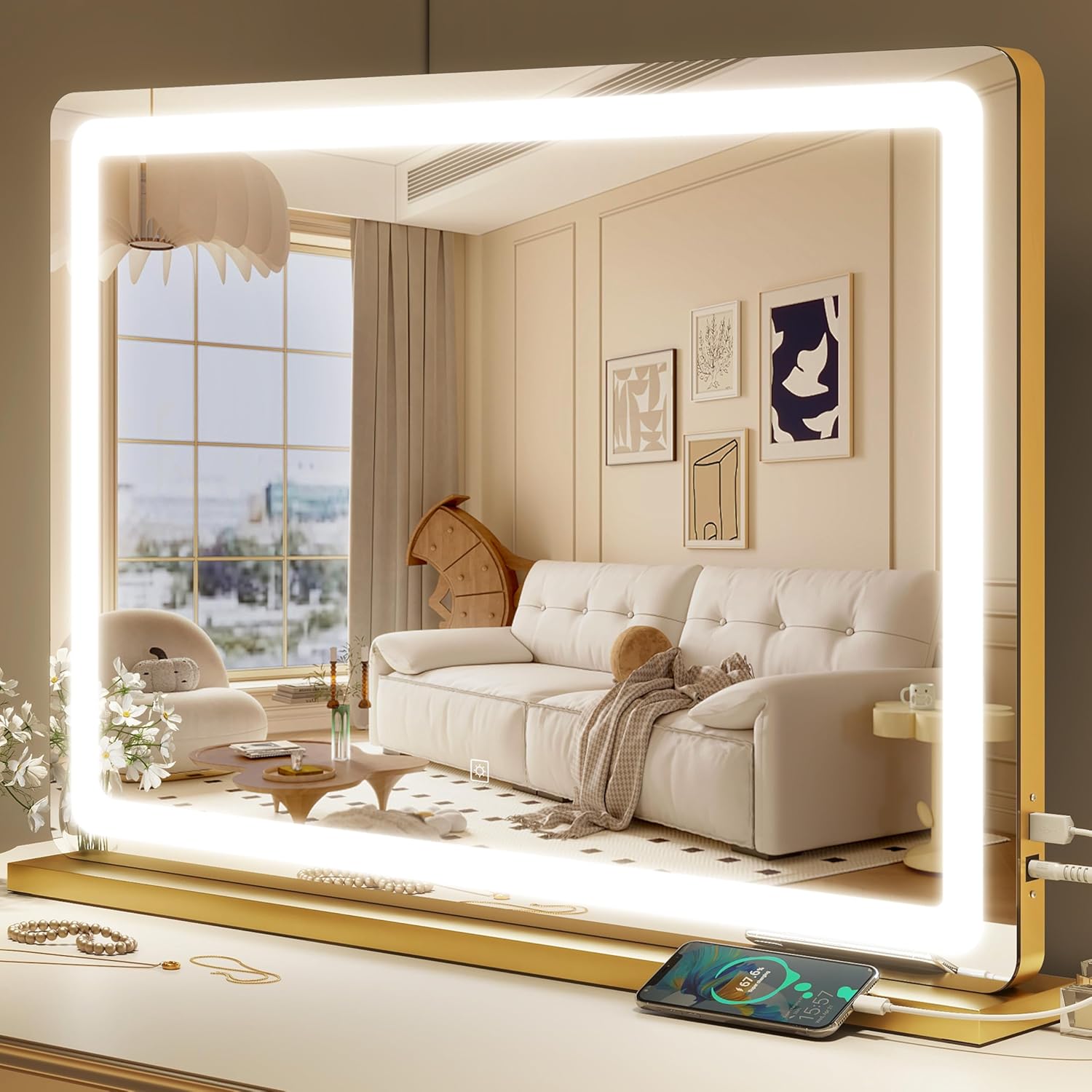 Gold Vanity Mirror with Lights - 32in x 22in Large Lighted Mirror