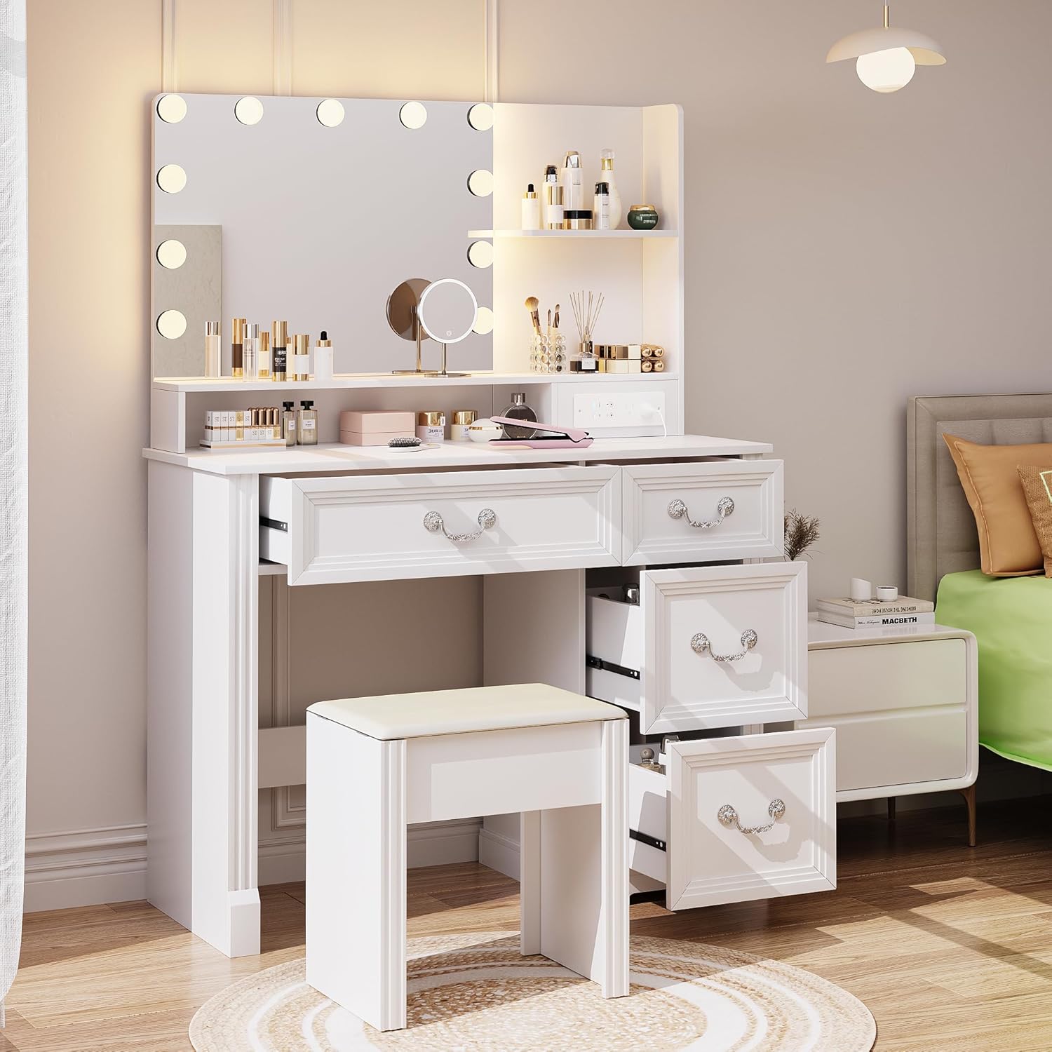 39 Lighted Vanity Desk Set - 3 Lighting, Power Outlet, 4 Drawers