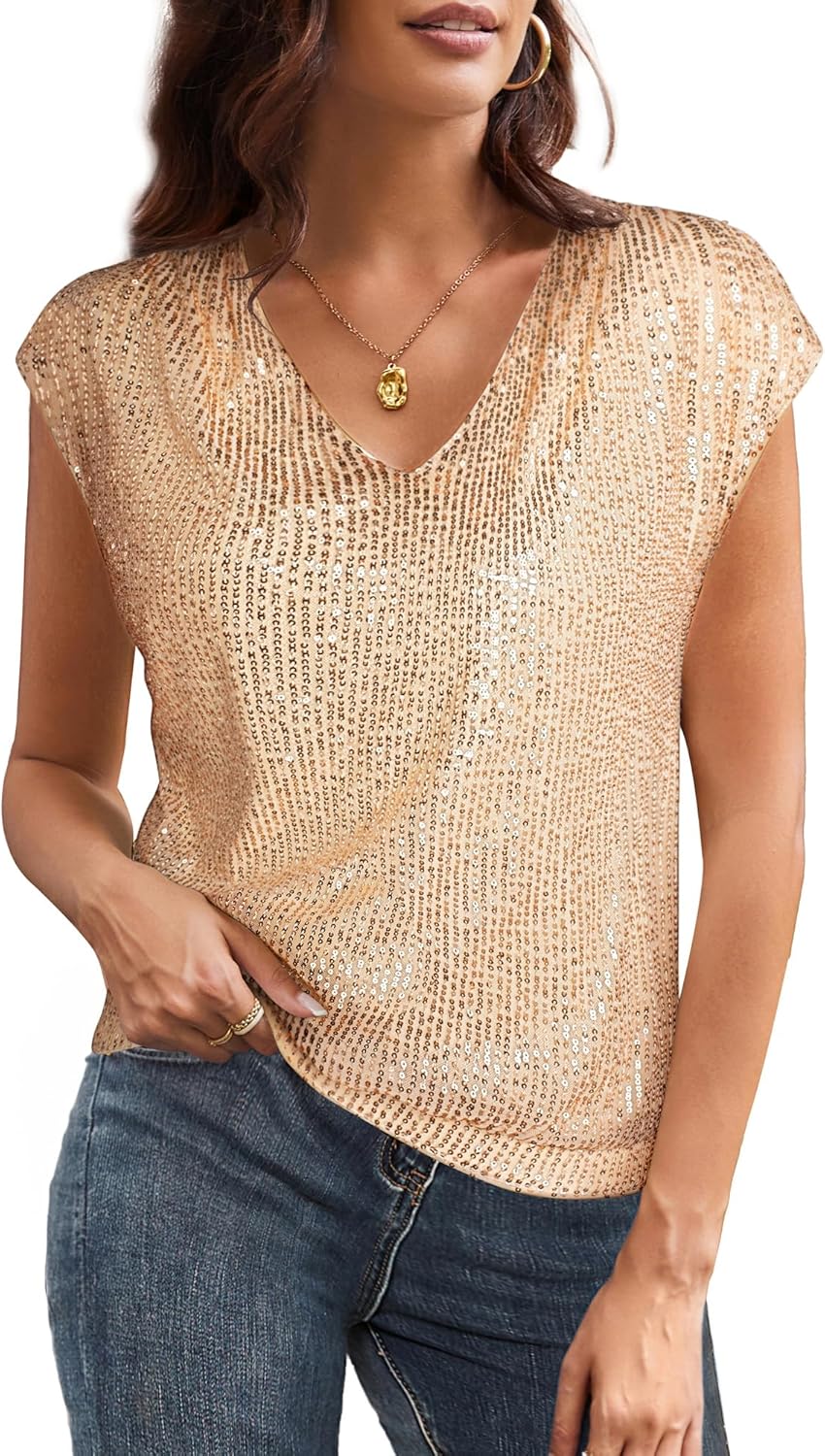 V Neck Sequin Short Sleeve Tops for Women by GRACE KARIN