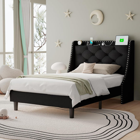 Twin Size Bed Frame with Wingback Storage Headboard and Ports