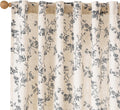 Linen Floral Curtains 96 in Black on Beige - Light Filtering Rustic