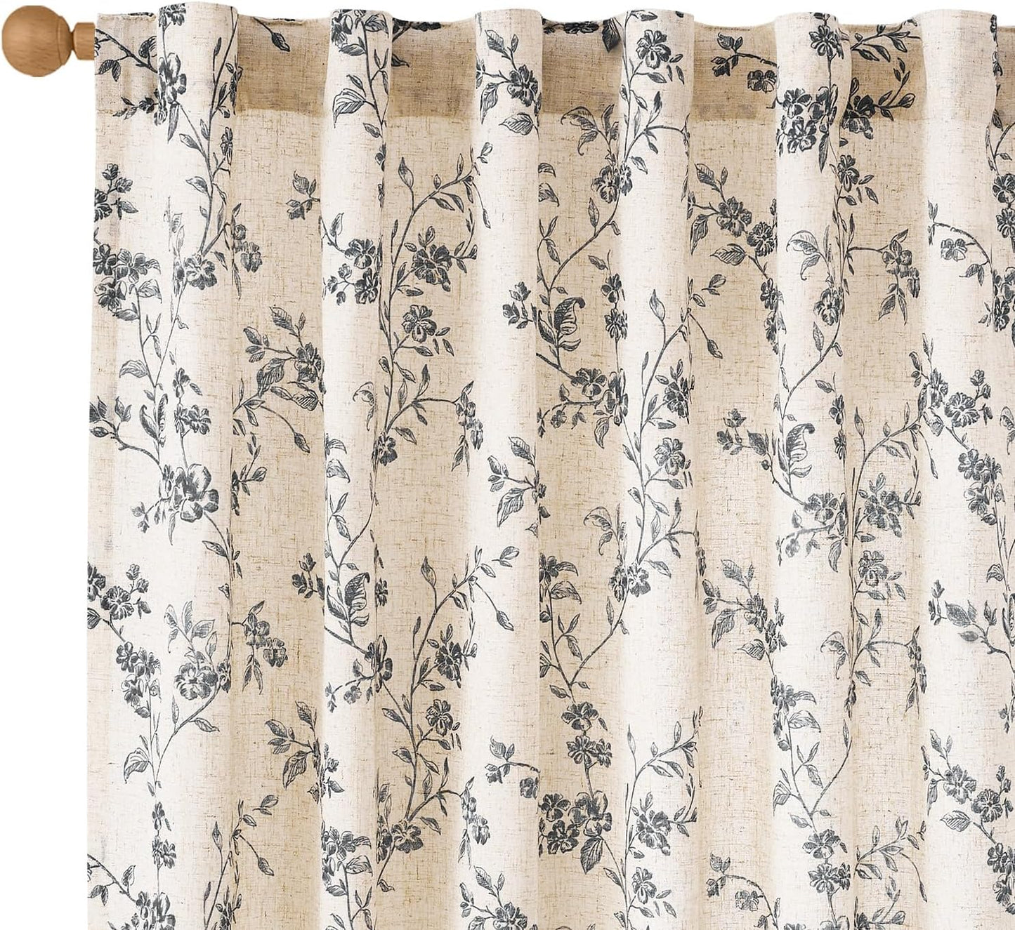 Linen Curtains with Black Floral Design for Vintage Decor