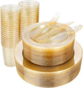 WELLIFE Gold Glitter Plastic Plates Set - Party Dinnerware for 50