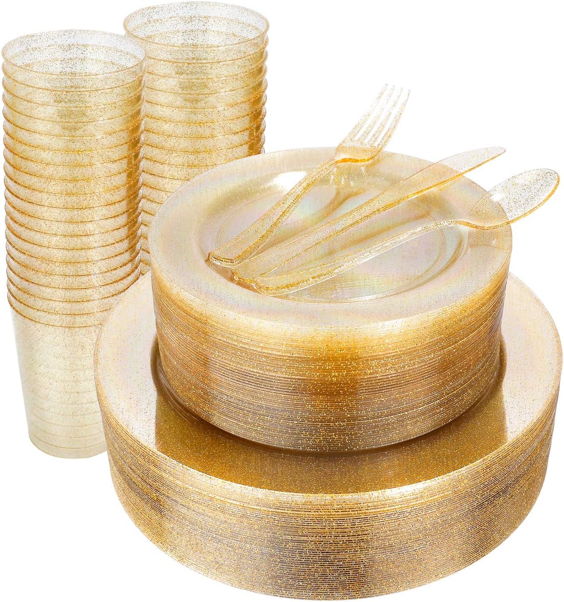 WELLIFE 300PCS Gold Glitter Plastic Plates for Any Party Event