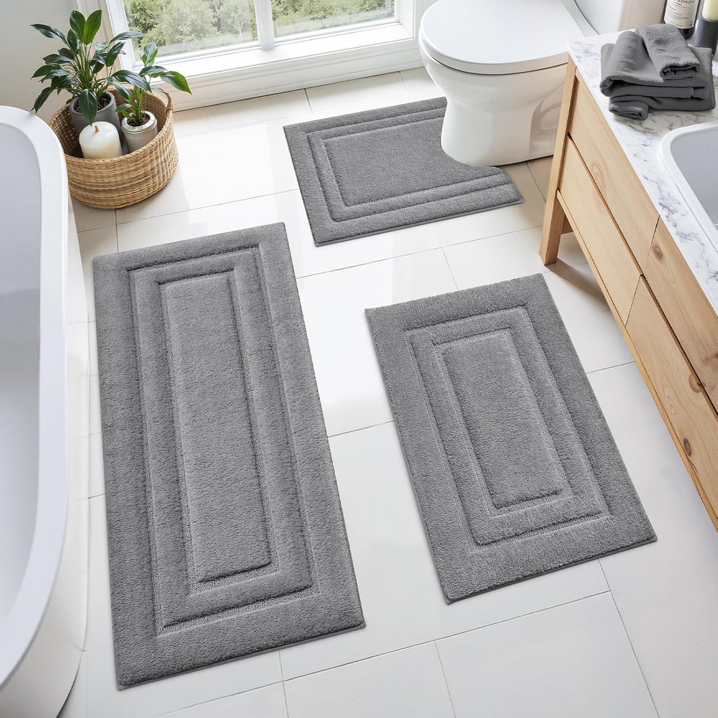 Microfiber Shaggy Bath Mat Set - Soft Non-Slip Bathroom Rugs