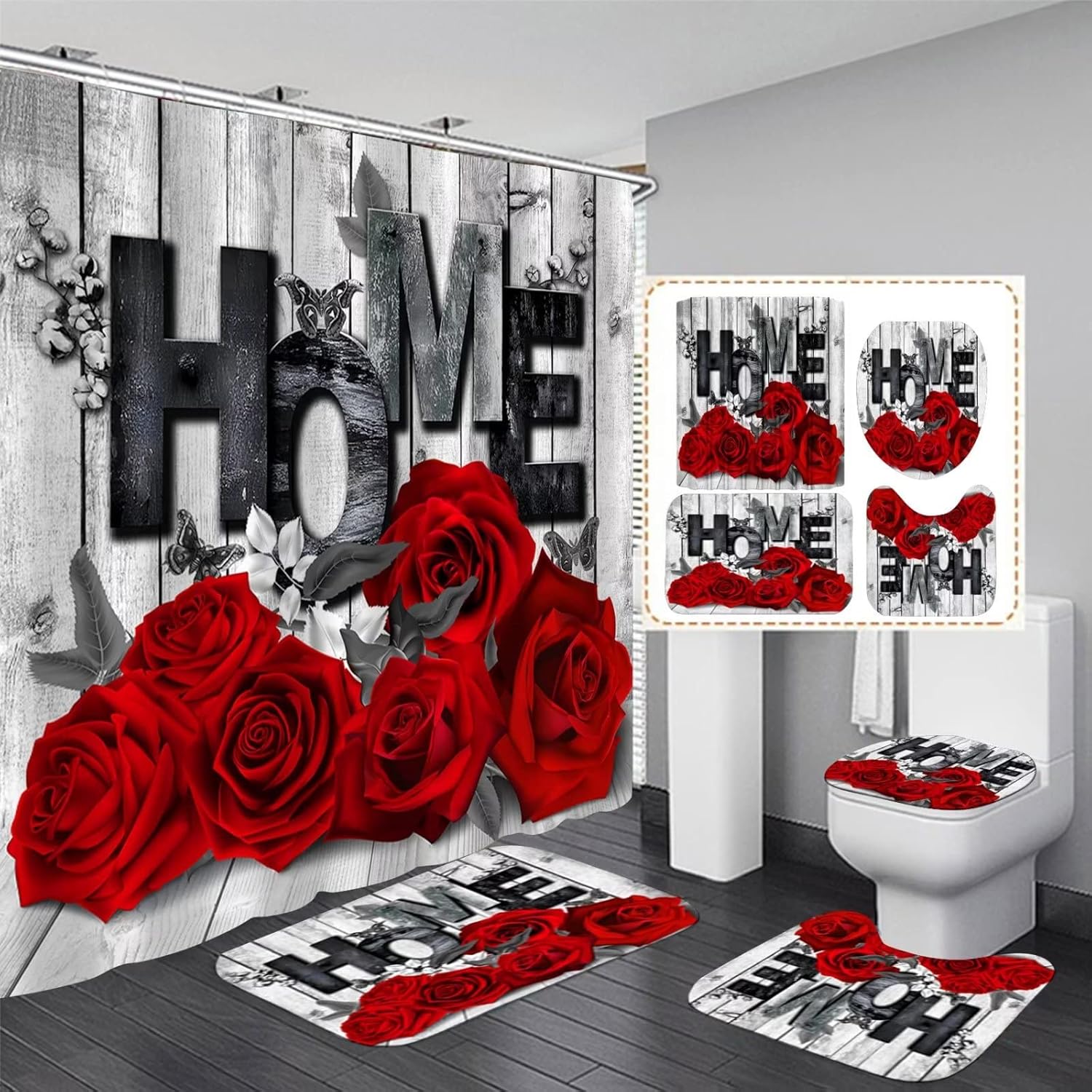 Red Rose Bathroom Set with Non-Slip Rugs - Yddsky