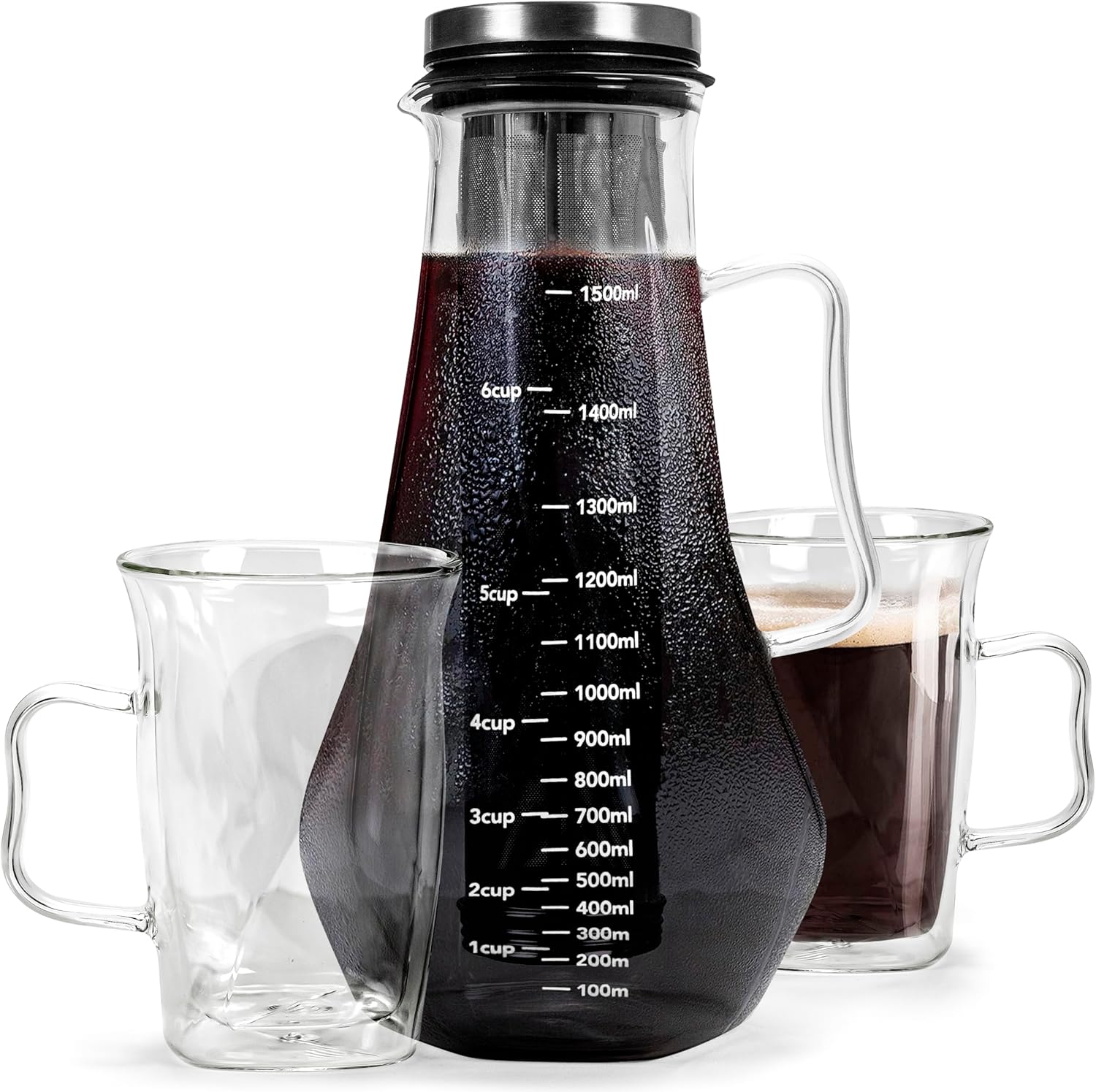 Ice Coffee Cold Brew Maker 1.5L Glass Carafe - Includes 2 Glasses