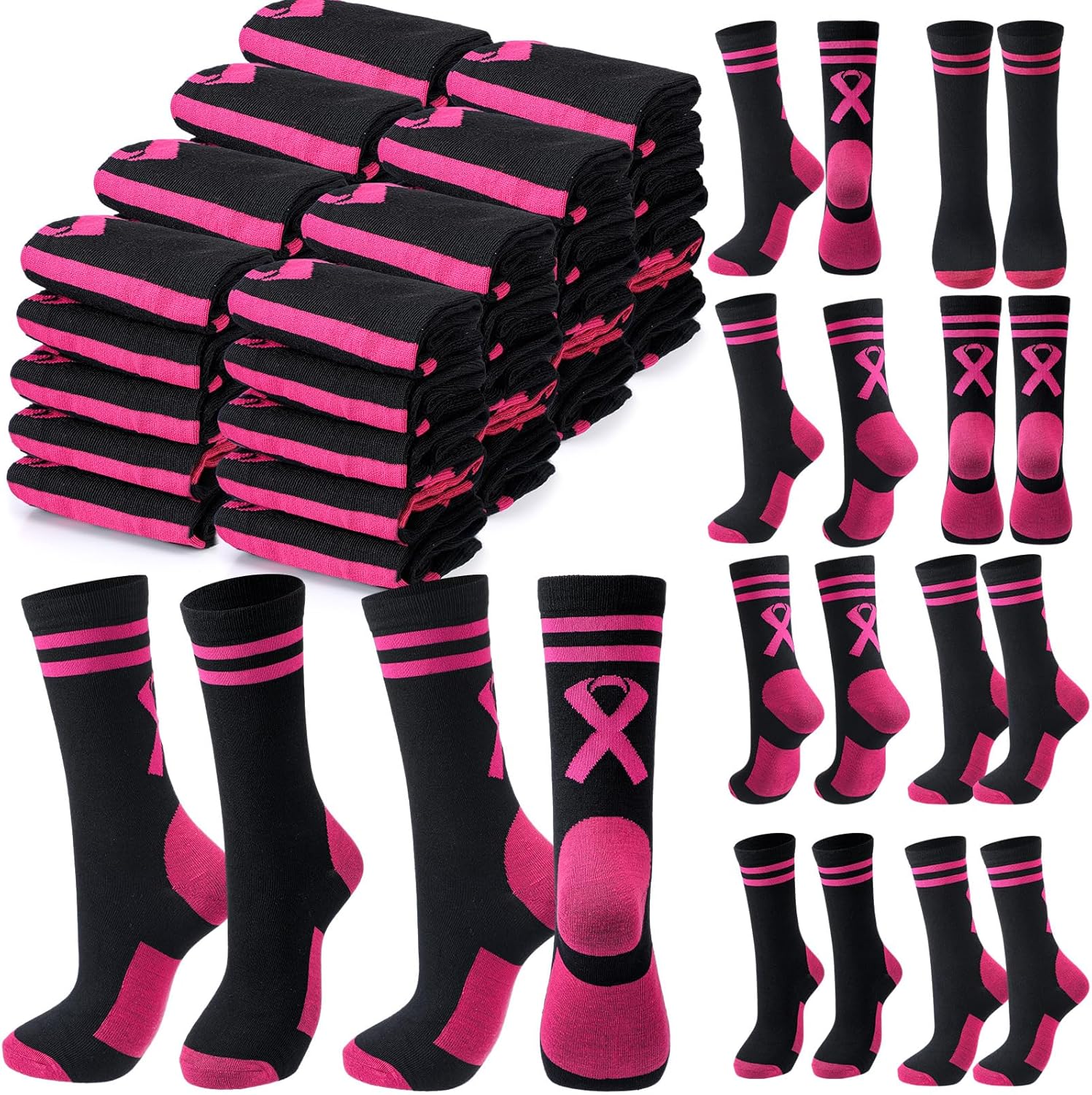 60 Pairs Breast Cancer Awareness Crew Socks for Support Teams