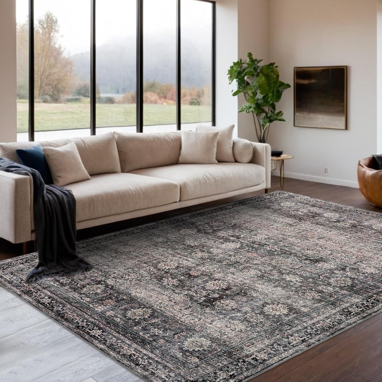 Vintage Printed Area Rugs 5x7 with Non-Slip Backing for Home