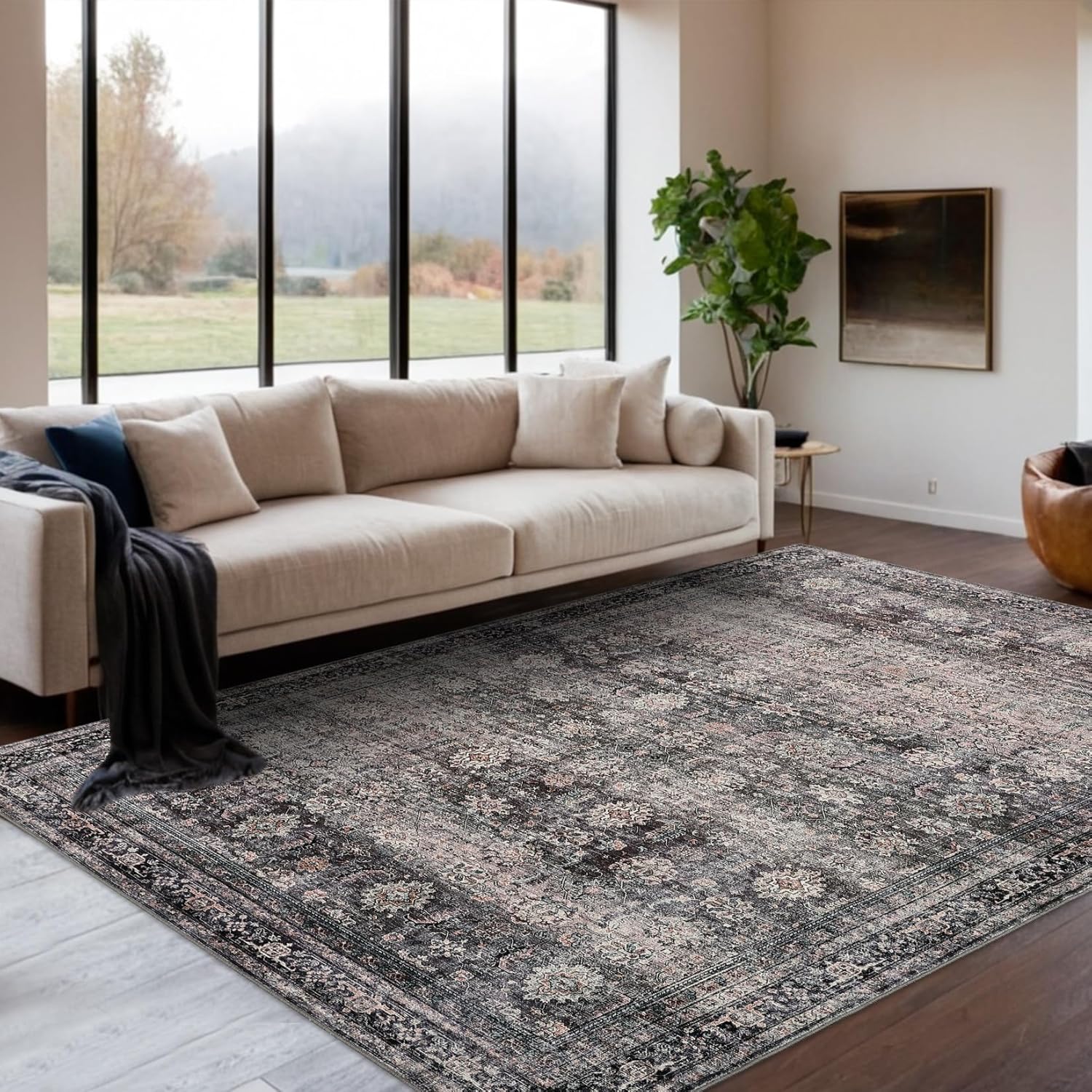 Vintage Printed Area Rugs 5x7 with Non-Slip Backing for Home