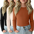 Girls Long Sleeve Ribbed Knit Cotton Shirts 3 Pack - Slim Crewneck