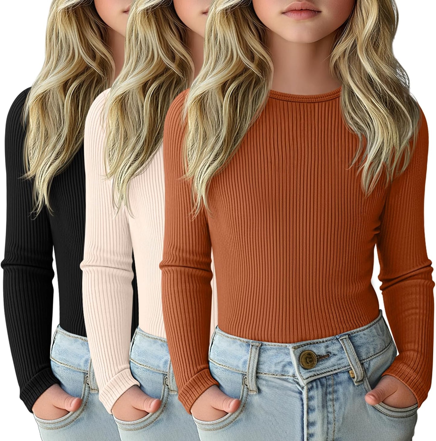 3 Pack Girls Long Sleeve Shirts for Casual Layering Tops