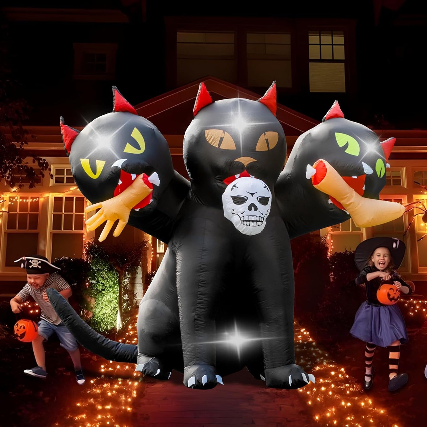 6.5 FT Halloween Inflatables Outdoor Black Cat with 3 Heads