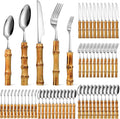 Eboot Bamboo Silverware Set 60 Pieces - Natural Bamboo Handle Flatware
