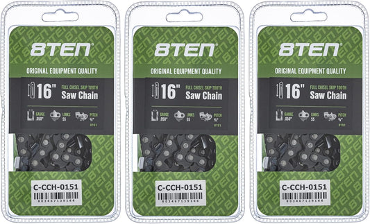 8TEN Full Chisel Skip Tooth Chainsaw Chain 16 Inch 3 Pack