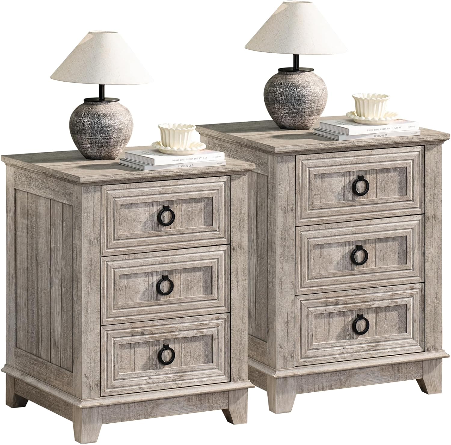 Farmhouse Night Stand Set of 2 with 3 Drawers for Storage