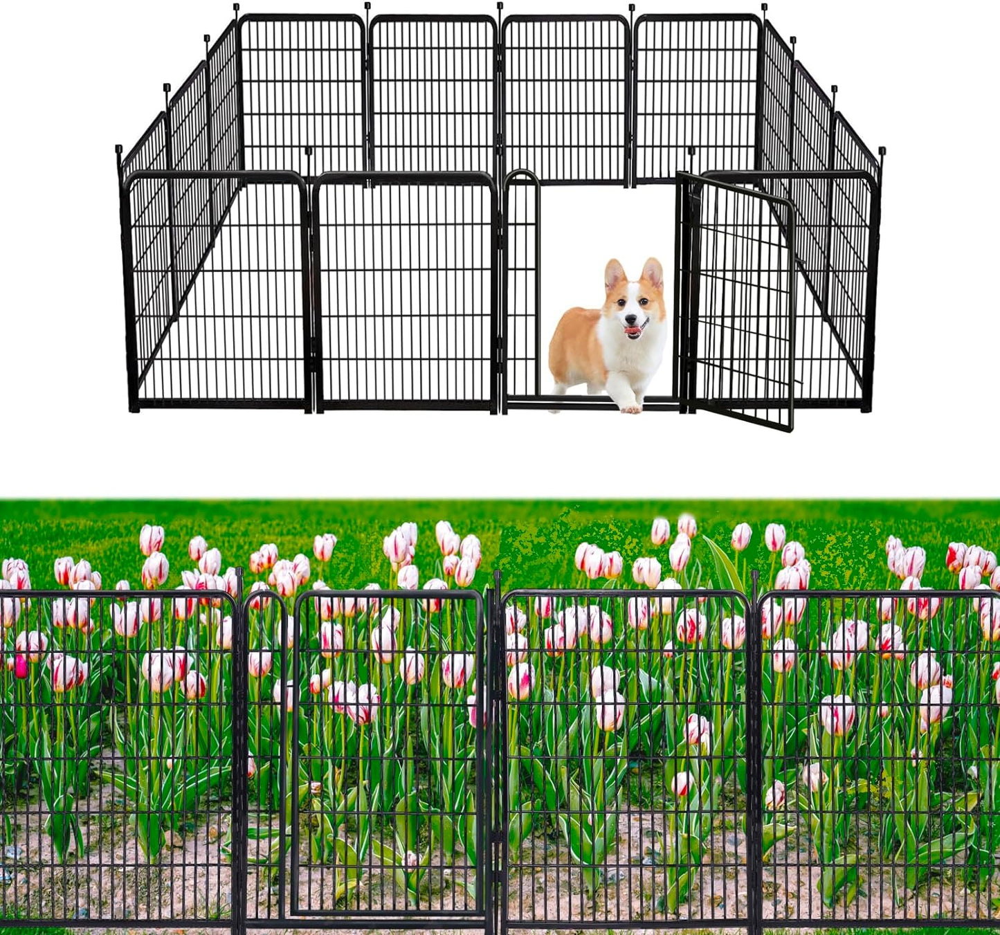 Low-Sill Black Metal Dog Fence Set - 12 Panels, 4ft Tall