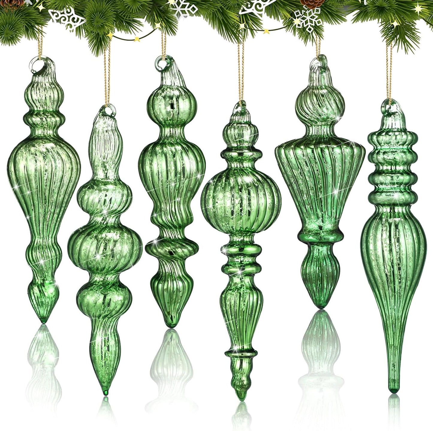 6 Pcs 6.3 inch Dark Green Mercury Glass Finial Ornaments