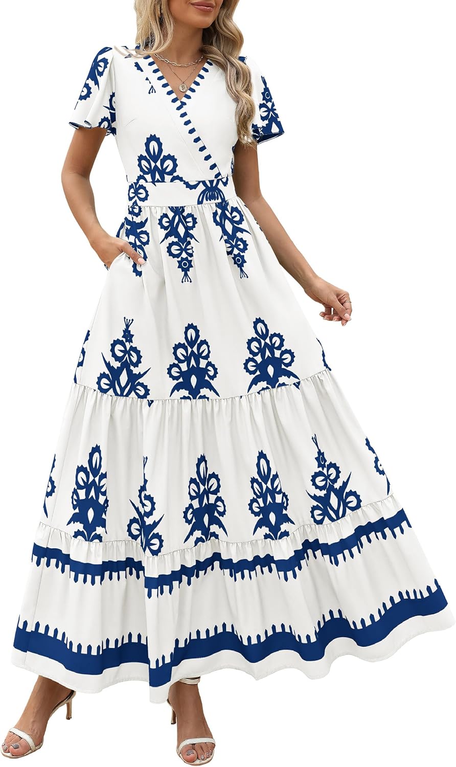 PRETTYGARDEN Womens Summer Casual V Neck Boho Maxi Dress