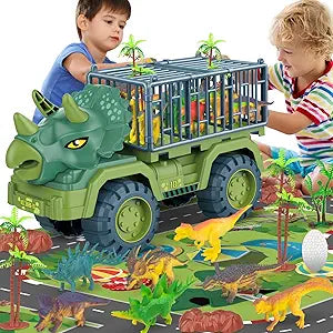 Dinosaur Transport Truck Playset for Kids with Dino Figures
