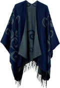 Women's Printed Tassel Open Front Poncho - Cozy Reversible Wrap